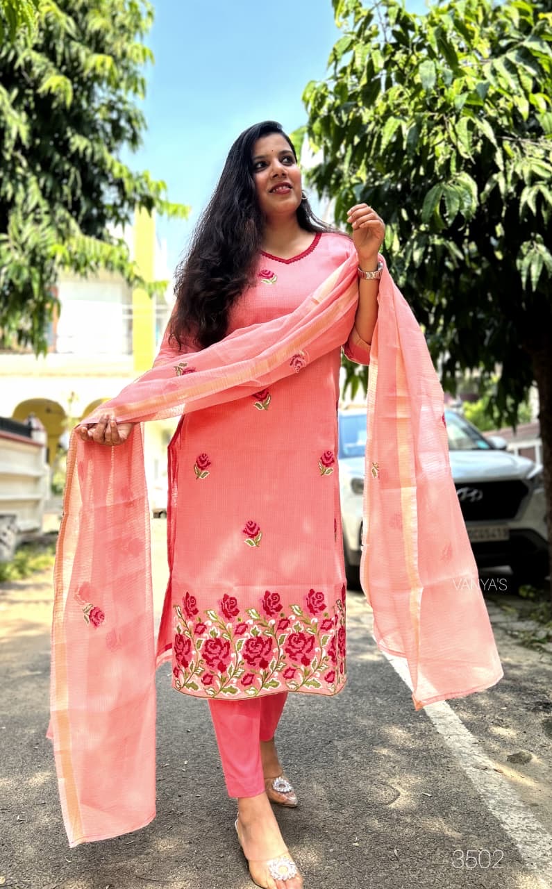 Peach Kota doria Suit Set