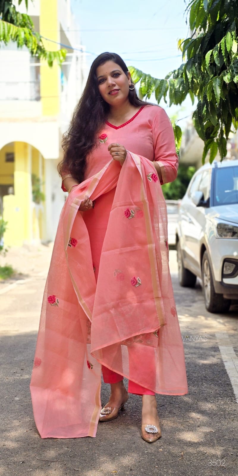 Peach Kota doria Suit Set