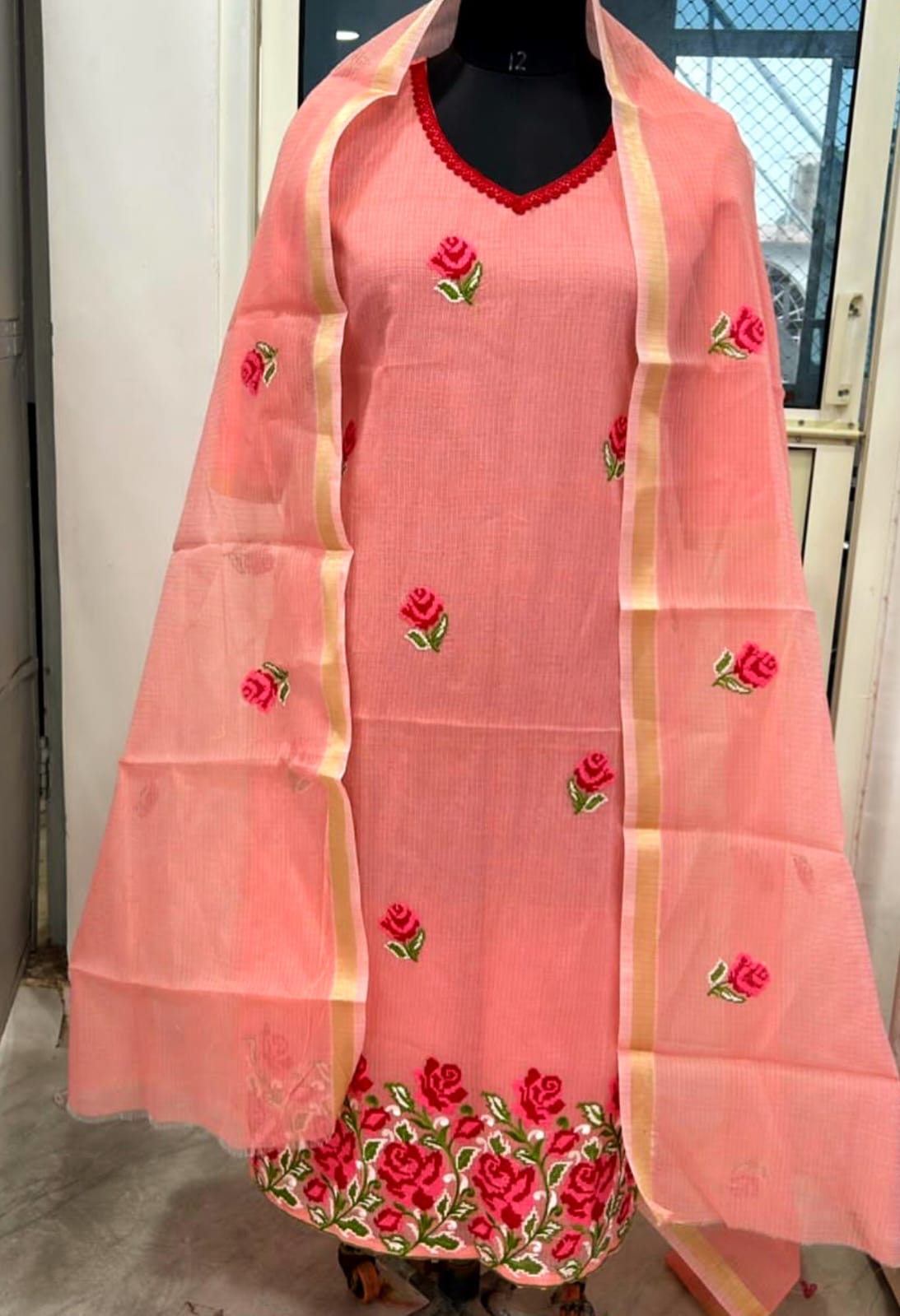 Peach Kota doria Suit Set