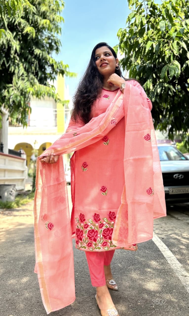 Peach Kota doria Suit Set