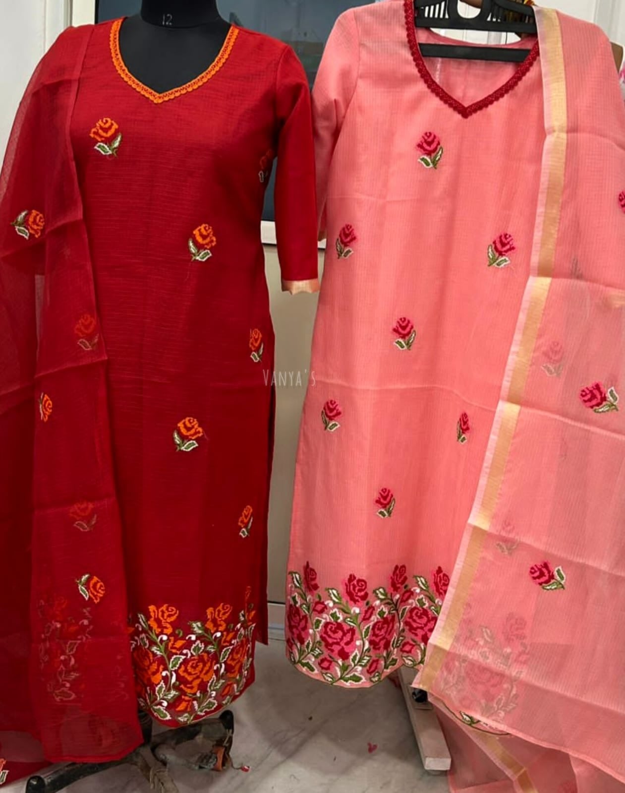Peach Kota doria Suit Set