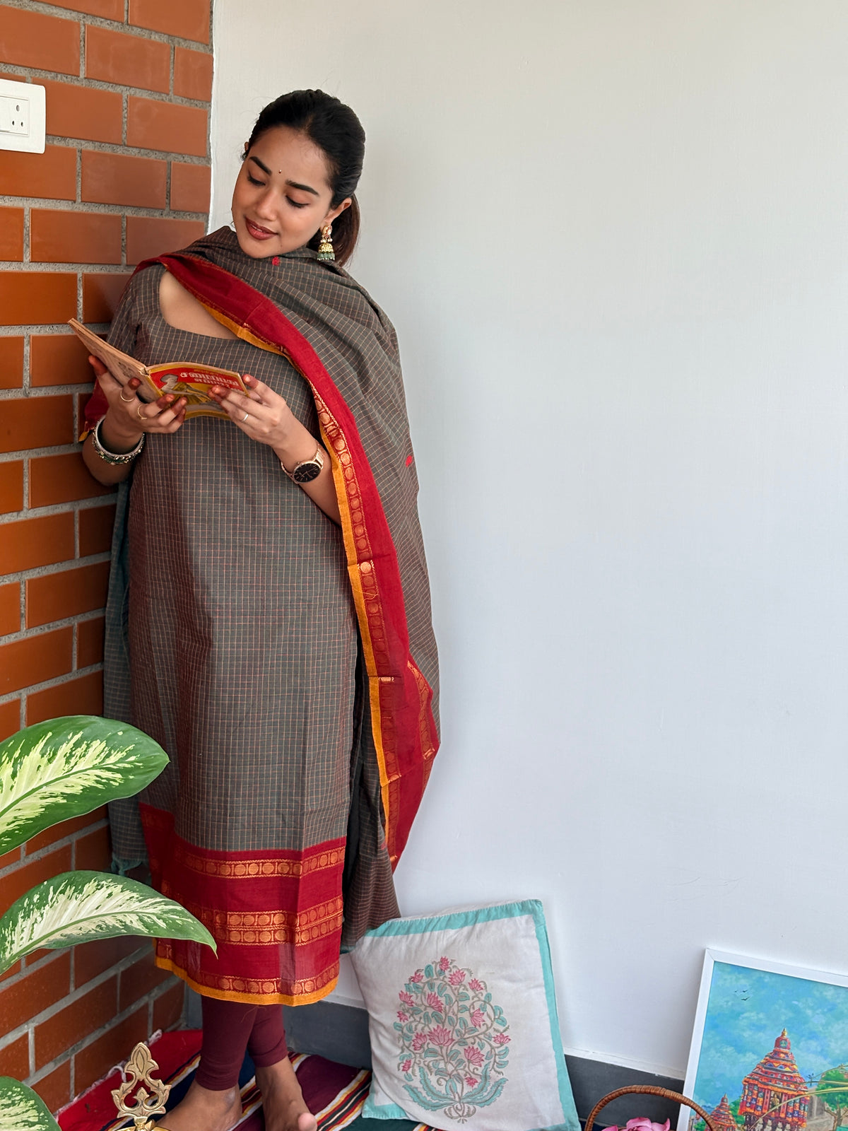 Cement red Unstitched Kanchi cotton set (2-piece)