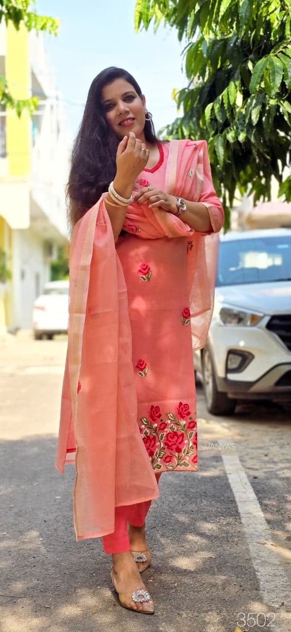 Peach Kota doria Suit Set