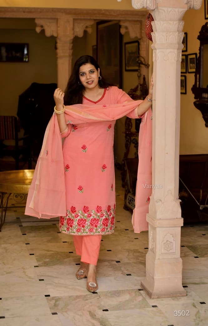 Peach Kota doria Suit Set