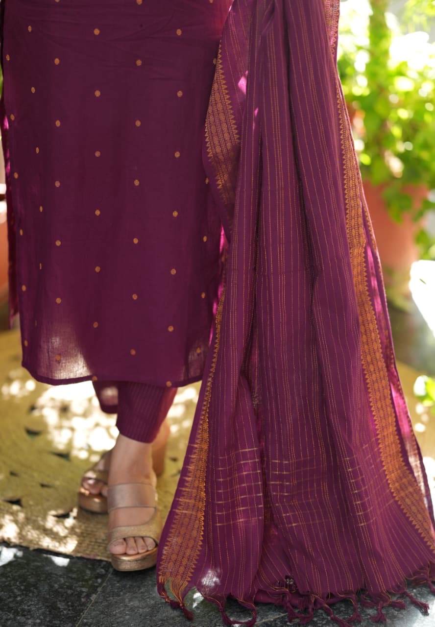 Wine handloom cotton Suit Set
