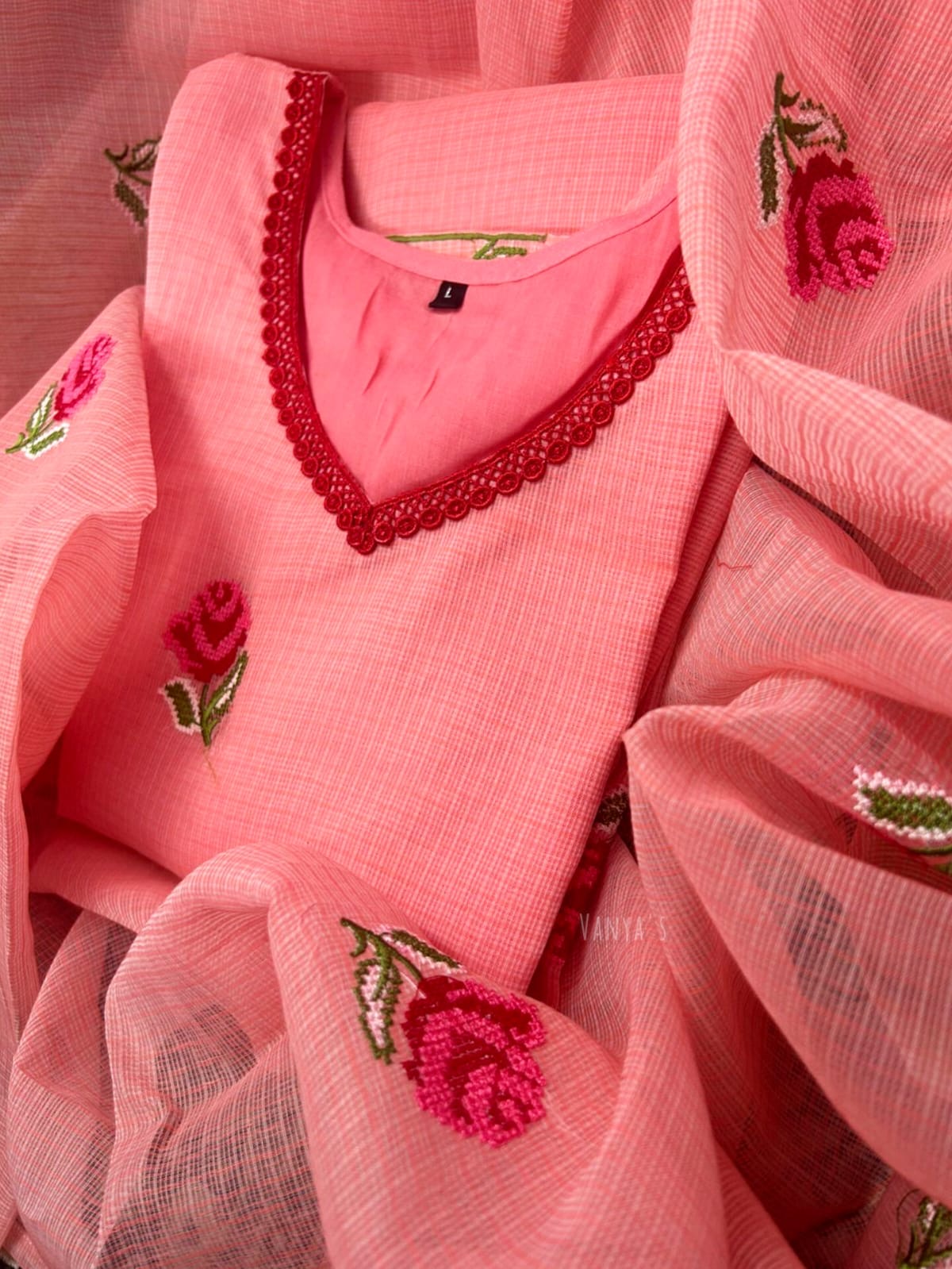 Peach Kota doria Suit Set