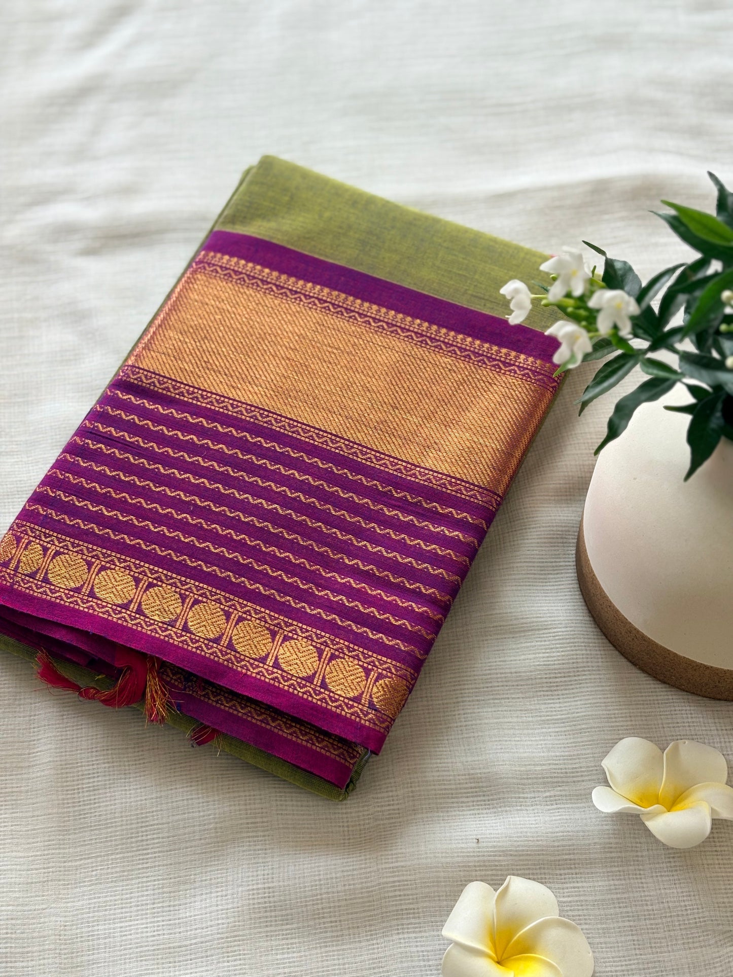 Olive green Kanchi Cotton Saree