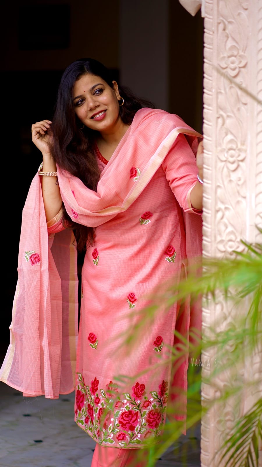 Peach Kota doria Suit Set