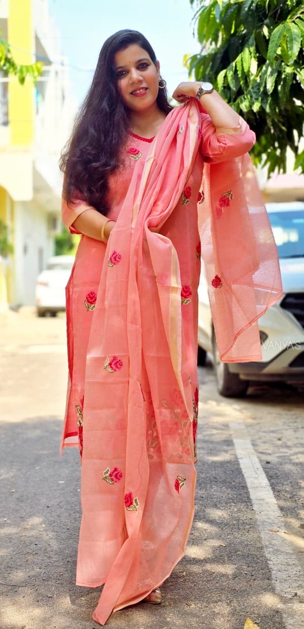 Peach Kota doria Suit Set