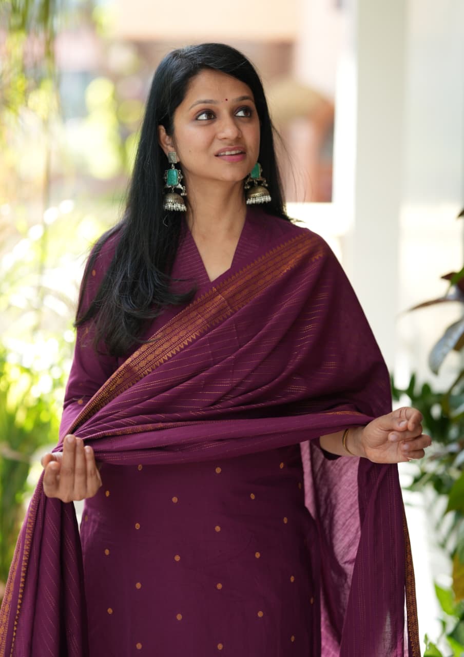 Wine handloom cotton Suit Set