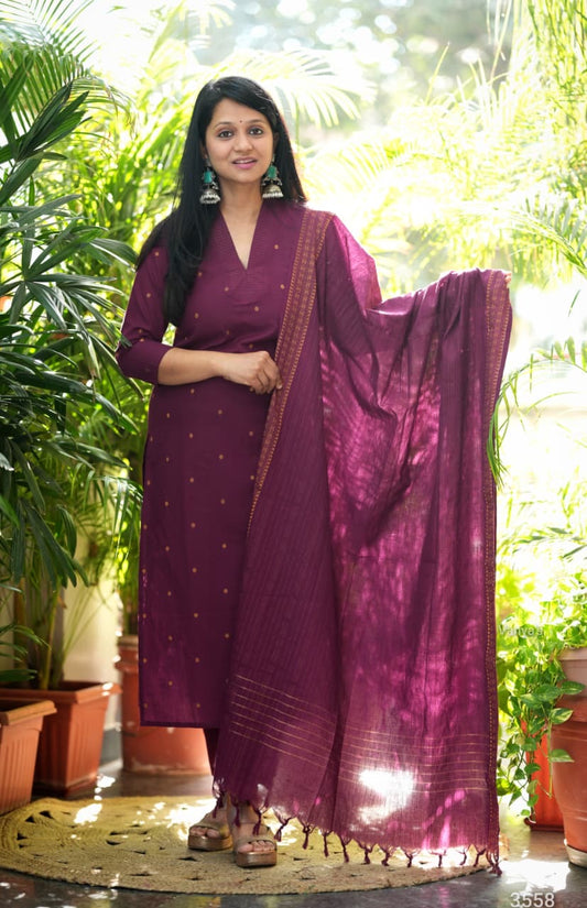 Wine handloom cotton Suit Set