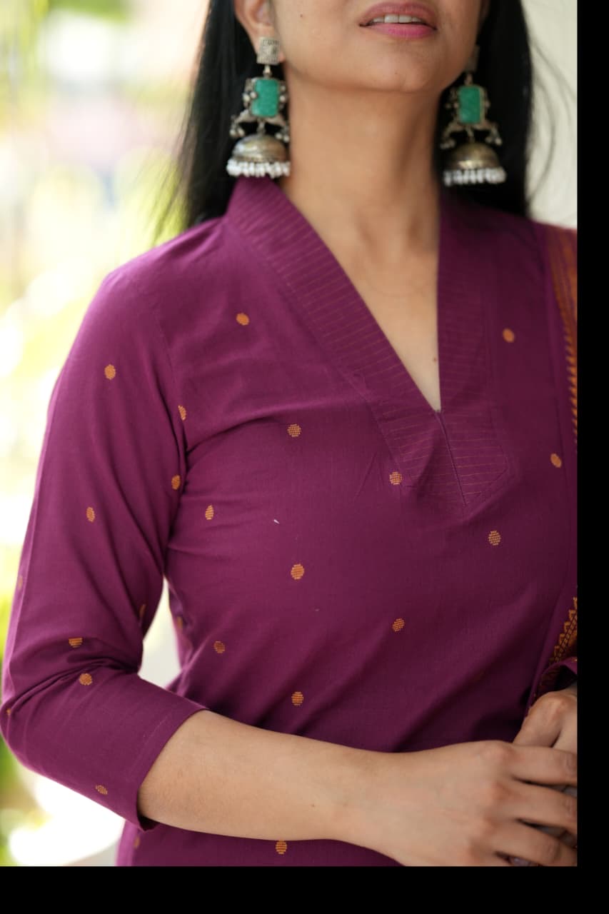 Wine handloom cotton Suit Set