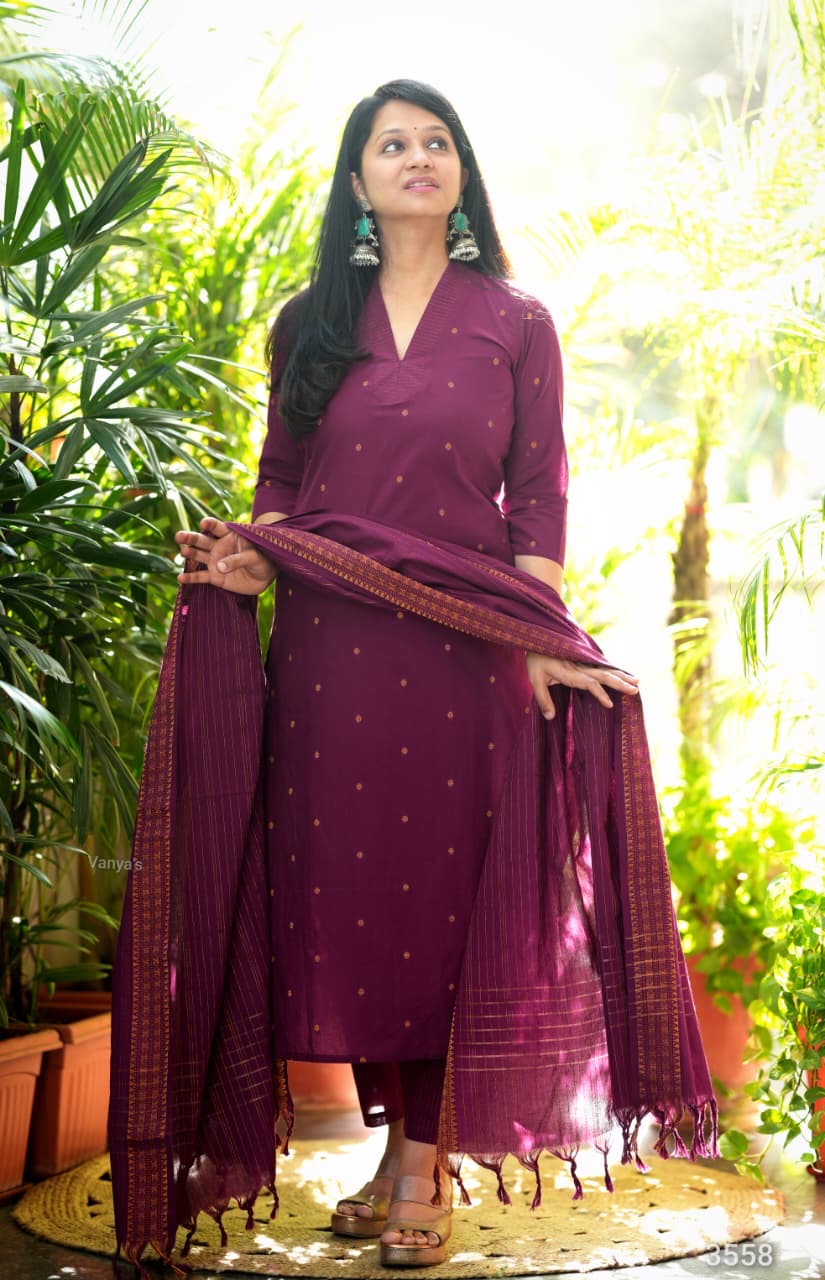 Wine handloom cotton Suit Set