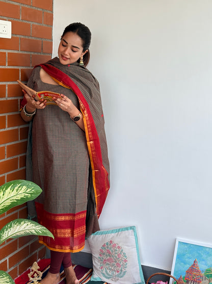 Cement red  Unstitched Kanchi cotton set (2-piece)