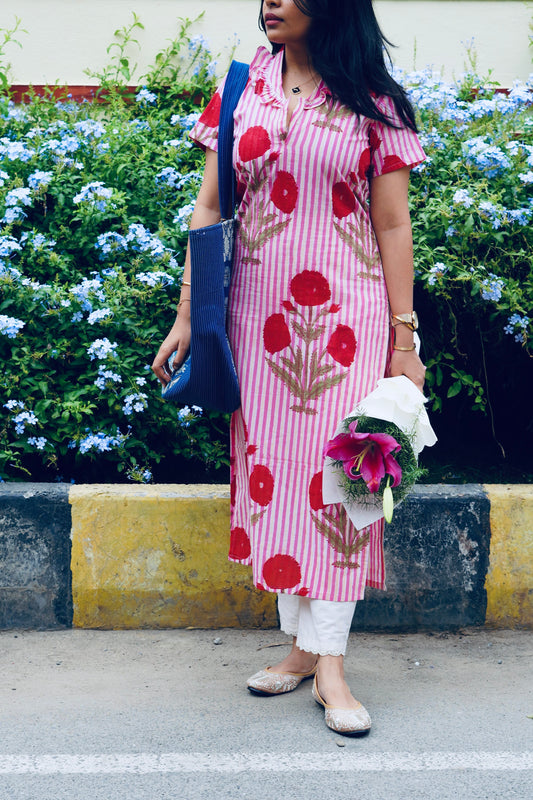Blush Bloom Stripe Long Kurti