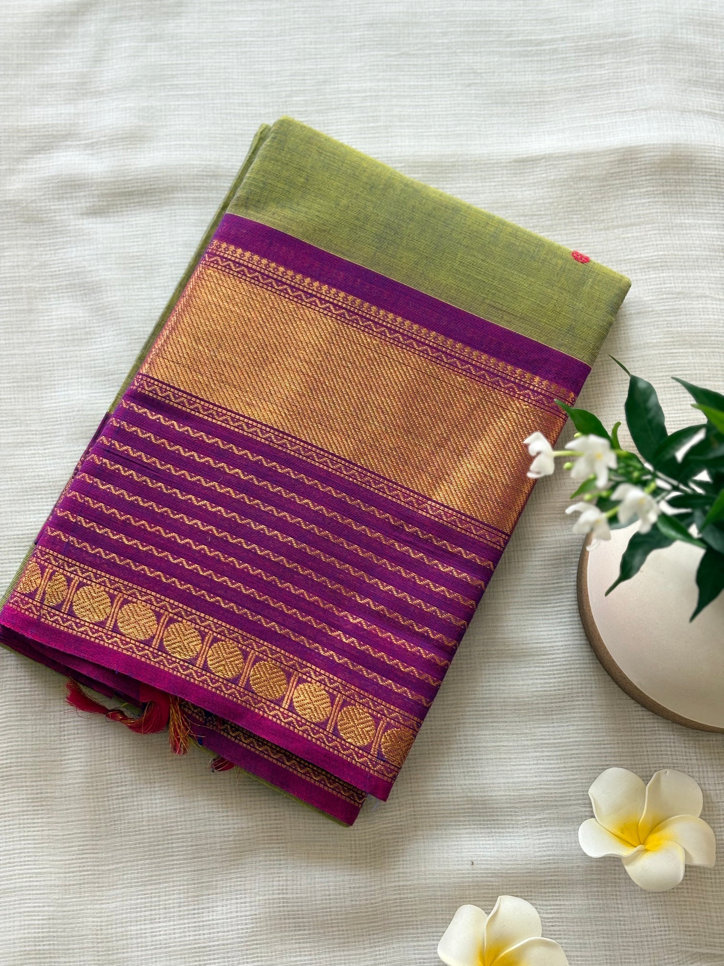 Olive green Kanchi Cotton Saree
