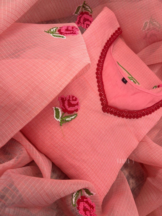 Peach Kota doria Suit Set