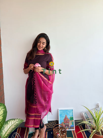 Black Grape Kanchi Cotton with Kota Dupatta