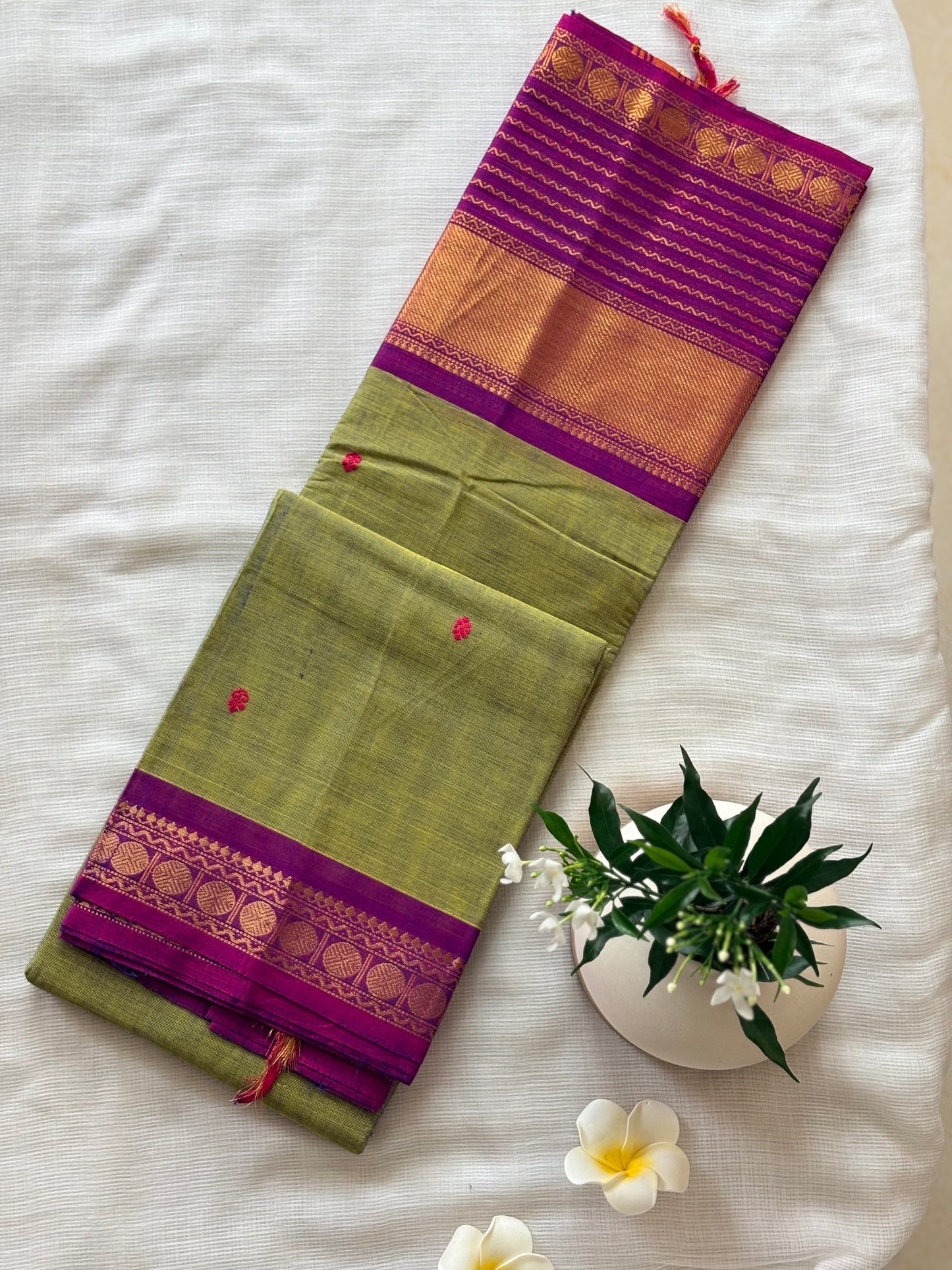 Olive green Kanchi Cotton Saree