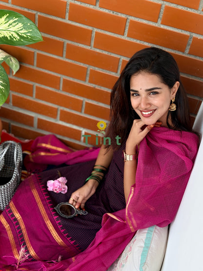 Black Grape Kanchi Cotton with Kota Dupatta