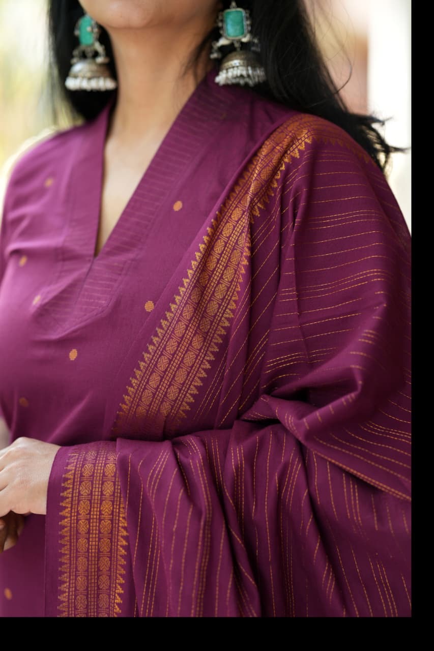 Wine handloom cotton Suit Set