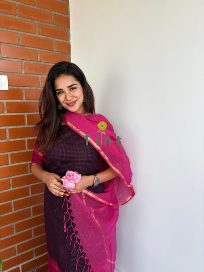Black Grape Kanchi Cotton with Kota Dupatta
