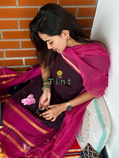 Black Grape Kanchi Cotton with Kota Dupatta